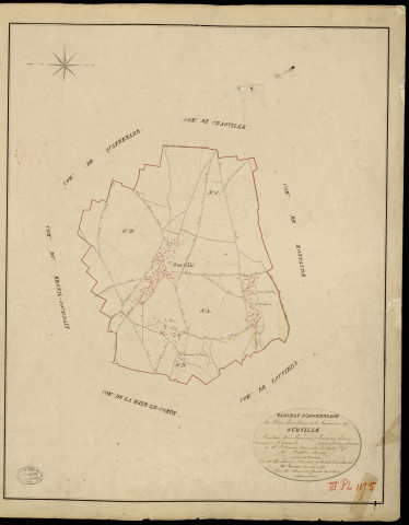 Surville. Tableau d'assemblage _ du Plan Parcellaire de la Commune de Surville _ Canton de Louviers - Louviers - Eure. _ Terminé sur le Terrain en 1823, sous l'administration de M. Le Vicomte Raymond Delaitre, Préfet _ M. Pestel, Maire _ et sous la Direction de M. Boullenger, Directeur des Contributions directes _ M. Hautier, Géomètre en Chef. _ Par M. Meunier, Géomètre de 1re classe.