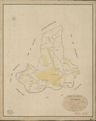 Courteilles. Tableau d'assemblage _ du Plan Parcellaire de la Commune de Courteilles _ Canton de Verneuil - Evreux - Eure. _ Terminé sur le Terrain le 20 Novembre 1835, sous l'administration de M. A. Passy, Préfet _ M. Dozières, Maire _ et sous la Direction de M. Marel, Directeur des Contributions directes _ M. Le Fébure, Géomètre en Chef. _ Par M. Gondouin, Géomètre de 1re classe.