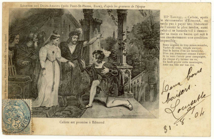 Amfreville-sous-les-Monts. Légende des Deux-Amants. Caliste est promise à Edmond.