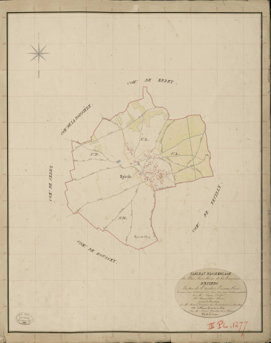 Epieds. Tableau d'assemblage _ du Plan Parcellaire de la Commune d'Epieds _ Canton de Saint André - Evreux - Eure. _ Terminé sur le Terrain le 17 juin 1837, sous l'administration de M. Passy, Préfet _ M. Bousselaire, Maire _ et sous la Direction de M. Marel, Directeur des Contributions directes _ M. Le Fébure, Géomètre en Chef. _ Par M. Pizier, Géomètre de 1re classe.