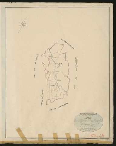 Launay. Tableau d'assemblage du Plan Parcellaire de la Commune de Launay _ Canton de Beaumont-le-Roger - Bernay - Eure. _ Terminé sur le terrain le 1826, sous l'administration de M. Le Vicomte Raymond Delaitre, Préfet - M. Rougeron, Maire et sous la direction de M. Hurtelle, Directeur des Contributions directes. _ M. Hautier, Géomètre en Chef. _ Par M. Canu, Géomètre de 1re classe