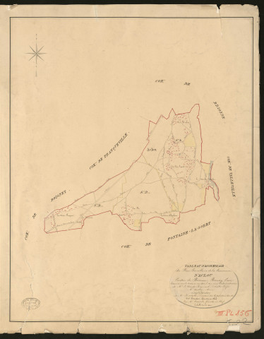 Aclou. Tableau d'assemblage du Plan Parcellaire de la Commune de Aclou. _ Canton de Brionne - Bernay - Eure. _ Terminé sur le terrain en avril 1827, sous l'administration de M. Le Vicomte Raymond Delaitre, Préfet - M. Auvray, Maire et sous la direction de M. Hurtelle, Directeur des Contributions directes. _ M. Hautier, Géomètre en Chef. _ Par M. Chainot, Géomètre de 1re classe