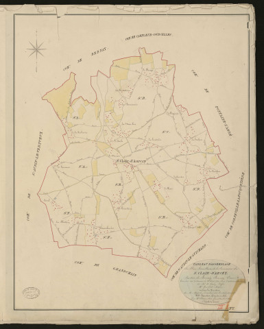 Saint-Clair-d'Arcey. Tableau d'assemblage _ du Plan Parcellaire de la Commune de Saint-Clair-d'Arcey. _ Canton de Bernay - Bernay - Eure. _ Terminé sur le terrain le 25 août 1830 sous l'administration de M. A Passy Préfet _ M. Gruchet, maire _ en sous la Direction de M. Hurtrelle, Directeur des Contributions directes. _ M. Hautier, Géomètre en Chef. _ Par M.Charpentier, Géomètre de 1re classe.