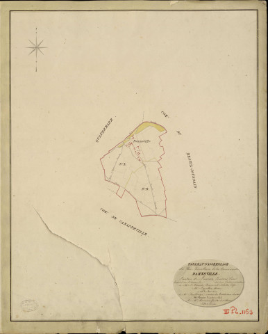 Damneville. Tableau d'assemblage _ du Plan Parcellaire de la Commune de Damneville _ Canton de Louviers - Louviers - Eure. _ Terminé sur le Terrain en 1823, sous l'administration de M. Le Vicomte Raymond Delaître, Préfet _ M. Legendre, Maire _ et sous la Direction de M. Boullenger, Directeur des Contributions directes _ M. Hautier, Géomètre en Chef. _ Par M. Meunier, Géomètre de 1re classe.