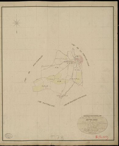 Neuve-Lyre (La). Tableau d'assemblage _ du Plan Parcellaire de la Commune de Neuve-Lyre _ Canton de Rugles - Evreux - Eure. _ Terminé sur le Terrain le 30 Octobre 1834, sous l'administration de M. A Passy, Préfet _ M. Mesnil, Maire _ et sous la Direction de M. Marel, Directeur des Contributions directes _ M. Le Fébure, Géomètre en Chef. _ Par M. Canu, Géomètre de 1re classe.