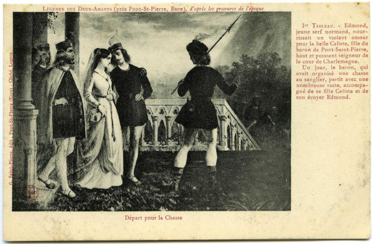Amfreville-sous-les-Monts. Légende des Deux-Amants (près Pont-St-Pierre, Eure), d'après les gravures de l'époque. - Départ pour la chasse.