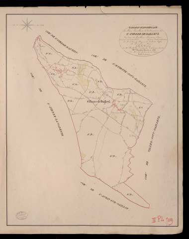 Saint-Pierre-de-Bailleul. Tableau d'assemblage du Plan Parcellaire de la Commune Saint-Pierre-de-Bailleul _ Canton de Gaillon - Louviers - Eure. _ Terminé sur le terrain en 1829, sous l'administration de M. Le Vicomte Raymond Delaitre, Préfet - M. Bourgeois, Maire et sous la direction de M. Hurtrelle, Directeur des Contributions directes. _ M. Hautier, Géomètre en Chef. _ Par M. Lefroids, Géomètre de 1re classe