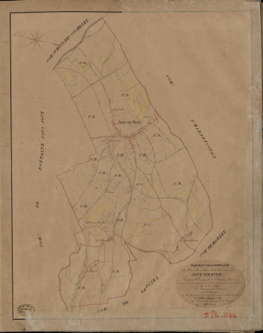 Jouy-sur-Eure. Tableau d'assemblage _ du Plan Parcellaire de la Commune de Jouy sur Eure _ Canton de Evreux Sud - Evreux - Eure. _ Terminé sur le Terrain le 30 Octobre 1842, sous l'administration de M. Zédé, Préfet _ M. Bosquentin, Maire _ sous la Direction de M. Garnier, Directeur des Contributions directes _ M. Le Fébure, Géomètre en Chef. _ Par M. Drouet, Géomètre de 1re classe.