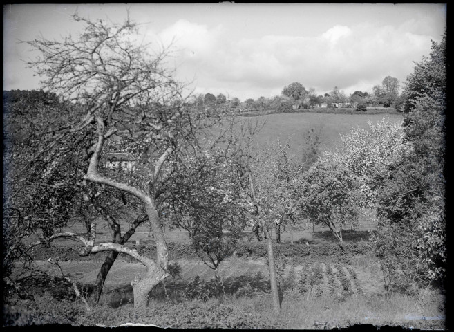 Vue sur un prieuré de campagne depuis un verger.