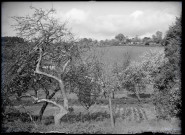 Vue sur un prieuré de campagne depuis un verger.