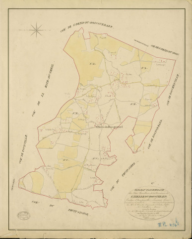 Saint-Pierre-du-Bosguérard. Tableau d'assemblage _ du Plan Parcellaire de la Commune de St Pierre-du-Boscguerard _ Canton d'Amfreville - Louviers - Eure. _ Terminé sur le Terrain en 1828, sous l'administration de M. Le Vicomte Raymond Delaître, Préfet _ M. Pelvillain, Maire _ sous la Direction de M. Hurtrelle, Directeur des Contributions directes _ M. Hautier, Géomètre en Chef. _ Par M. Caffin, Géomètre de 1re classe.