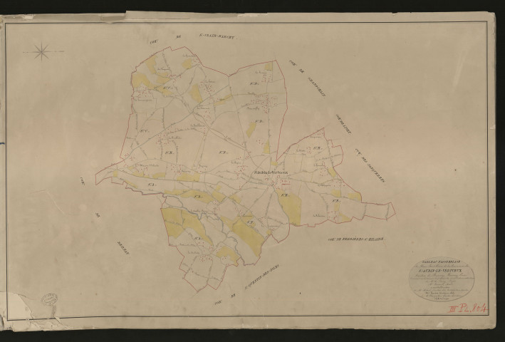 Saint-Aubin-le-Vertueux. Tableau d'assemblage _ du Plan Parcellaire de la Commune de Saint-Aubin-le-Vertueux. _ Canton de Bernay - Bernay - Eure. _ Terminé sur le terrain le 15 août 1830 sous l'administration de M.A Passy Préfet _ M. Connard, maire _ en sous la Direction de M. Hurtrelle, Directeur des Contributions directes. _ M. Hautier, Géomètre en Chef. _ Par M.Charpentier, Géomètre de 1re classe.