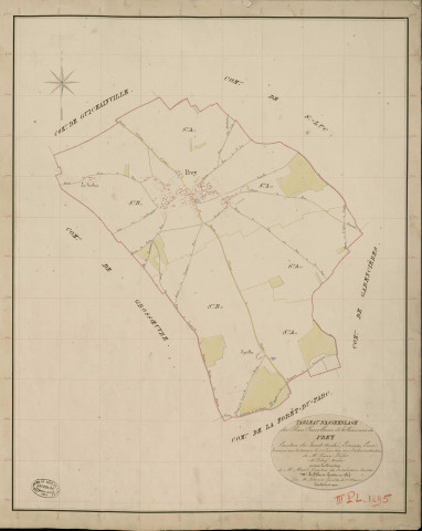 Prey. Tableau d'assemblage _ du Plan Parcellaire de la Commune de Prey _ Canton de Saint André - Evreux - Eure. _ Terminé sur le Terrain le 23 Juin 1837, sous l'administration de M. Passy, Préfet _ M. Peley, Maire _ et sous la Direction de M. Marel, Directeur des Contributions directes _ M. Le Fébure, Géomètre en Chef. _ Par M. Ledanois, Géomètre de 1re classe.