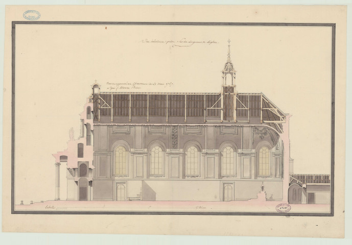 Aubevoye _Chartreuse de Bourbon-lès-Gaillon. _ "Vue extérieure de l'église prise sur la longueur de l'église. Coupe longitudinale de l'église de la Chartreuse".