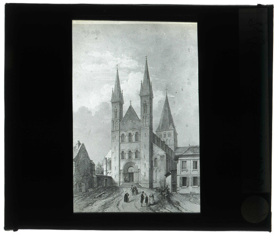 Abbaye Saint-Georges de Saint-Martin-de-Boscherville (Seine-Maritime), façade ouest, lithographie extraite de "La Normandie Illustrée".