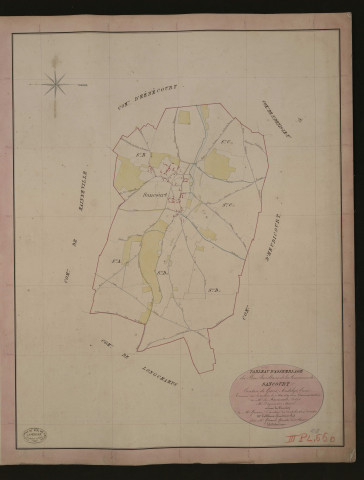 Sancourt. Tableau d'assemblage du Plan Parcellaire de la Commune de Sancourt. _ Canton de Gisors - Andelys - Eure. _ Terminé sur le terrain le 7 mai 1840, sous l'administration de M. de Monicault, Préfet - M. Pagnerre, Maire et sous la direction de M. Garnier, Directeur des Contributions directes. _ M. Le Fébure, Géomètre en Chef. _ Par M. Girard, Géomètre de 1re classe