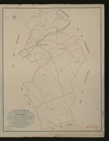 Beaumontel. Tableau d'assemblage _ du Plan Parcellaire de la Commune de Beaumontel. _ Canton de Beaumont-le-Roger - Bernay - Eure. _ Terminé sur le terrain en 1826 sous l'administration de M. Le Vicomte Raymond Delaitre, Préfet _ M.Pollard maire _ en sous la Direction de M. Hurtrelle, Directeur des Contributions directes. _ M. Hautier, Géomètre en Chef. _ Par M. Gondevin, Géomètre de 1re classe.