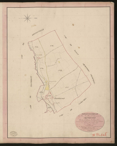 Chauvincourt. Tableau d'assemblage du Plan Parcellaire de la Commune de Chauvincourt. _ Canton de Gisors - Andelys - Eure. _ Terminé sur le terrain le 1er septembre 1840, sous l'administration de M. de Monicault, Préfet - M. Rouget, Maire et sous la direction de M. Garnier, Directeur des Contributions directes. _ M. Le Fébure, Géomètre en Chef. _ Par M. Ledanois, Géomètre de 1re classe