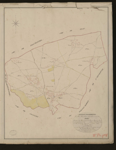 Barc. Tableau d'assemblage _ du Plan Parcellaire de la Commune du Barc. _ Canton de Beaumont-le-Roger - Bernay - Eure. _ Terminé sur le terrain en 1826 sous l'administration de M. Le Vicomte Raymond Delaitre, Préfet _ M.Leguay maire _ en sous la Direction de M. Hurtrelle, Directeur des Contributions directes. _ M. Hautier, Géomètre en Chef. _ Par M. Gérard, Géomètre de 1re classe.