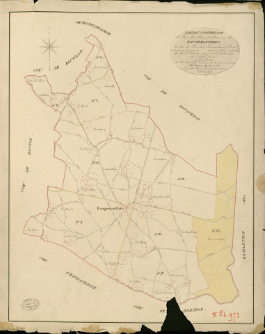 Rougemontiers. Tableau d'assemblage _ du Plan Parcellaire de la Commune de Rougemontiers _ Canton de Routot - Pontaudemer - Eure. _ Terminé sur le Terrain en 1826 , sous l'administration de M.Le Vicomte Raymond Delaitre, Préfet _ M. Lereffait, Maire _ sous la Direction de M.Hurtrelle, Directeur des Contributions directes _ M. Hautier, Géomètre en Chef. _ Par M. Thorel, Géomètre de 1re classe.