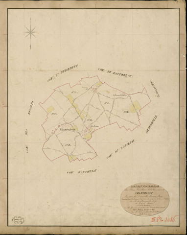 Chanteloup. Tableau d'assemblage _ du Plan Parcellaire de la Commune de Chanteloup _ Canton de Damville - Evreux - Eure. _ Terminé sur le Terrain le 5 Décembre 1838 , sous l'administration de M. de Monicault, Préfet _ M. Goupil, Maire _ sous la Direction de M. Garnier, Directeur des Contributions directes _ M. Le Fébure, Géomètre en Chef. _ Par M. Ledanois, Géomètre de 1re classe.