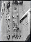 Retour du portail des Libraires avec les statues de Sainte-Marie l'Égyptienne, Sainte-Apolline et Sainte-Geneviève de la cathédrale Notre-Dame de l'Assomption de Rouen (Seine-Maritime).