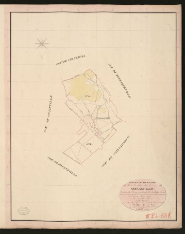 Cressenville. Tableau d'assemblage du Plan Parcellaire de la Commune de Cressenville. _ Canton de Fleury-sur-Andelle - Andelys - Eure. _ Terminé sur le terrain le 11 novembre 1835, sous l'administration de M. A. Passy, Préfet - M. Duval, Maire et sous la direction de M. Marel, Directeur des Contributions directes. _ M. Le Fébure, Géomètre en Chef. _ Par M. Canu, Géomètre de 1re classe