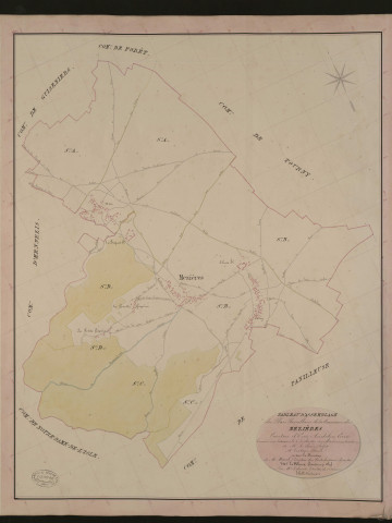 Mézières-en-Vexin. Tableau d'assemblage du Plan Parcellaire de la Commune de Mezières. _ Canton d'Ecos - Andelys - Eure. _ Terminé sur le terrain le 5 juillet 1837, sous l'administration de M. A Passy, Préfet - M. Toutain, Maire et sous la direction de M. Marel, Directeur des Contributions directes. _ M. Le Fébure, Géomètre en Chef. _ Par M. Ledanois, Géomètre de 1re classe