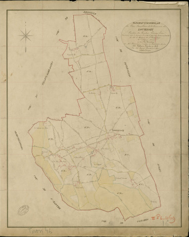 Louversey. Tableau d'assemblage _ du Plan Parcellaire de la Commune de Louversey _ Canton de Conches - Evreux - Eure. _ Terminé sur le Terrain le 11 Avril 1854 , sous l'administration de M. La Marquis de St Croix, Préfet _ M. Soligny, Maire _ sous la Direction de M. Chauveau, Directeur des Contributions directes _ M. Lefébure, Géomètre en Chef. _ Par M. Buquet, Géomètre de 1re classe.
