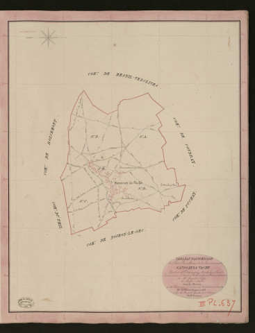 Saussay-la-Vache. Tableau d'assemblage du Plan Parcellaire de la Commune de Saussay-la-Vache. _ Canton d'Etrépagny - Andelys - Eure. _ Terminé sur le terrain le 21 mai 1850, sous l'administration de M. Guyot, Préfet - M. Simon, Maire et sous la direction de M. Chauveau, Directeur des Contributions directes. _ M. Le Fébure, Géomètre en Chef. _ Par M. Buquet, Géomètre de 1re classe
