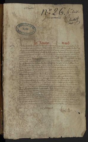 Cartulaire des pauvres de l'hospice de l'abbaye de Bonport, rédigé à la fin du XIVe siècle et contenant la transcription de vingt-quatre chartes de donation, de cession ou d'acquisition, etc., au profit de l'abbaye, de biens et de rentes foncières dans les paroisses de Freneuse-sur-Risle, Martot, Criquebeuf-sur-Seine, Les Damps, Pant-de-l'Arche, Sotteville-sous-le-Val, Igoville, Saint-Aubin-Jouxte-Boulleng, Incarville et Rouen. D'après le dispositif des contrats, ces biens devaient être affectés à l'entretien des pauvres de l'hospice de l'abbaye, « ad usus pauperum pauperis hospilii predicte domus, pour Vusage du povre hostel d'icelle abbeie ». (Inventorié sous le numéro 26 de la quatrième liasse de l'inventaire de 1784.).