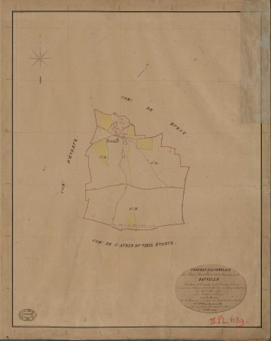 Fauville. Tableau d'assemblage _ du Plan Parcellaire de la Commune de Fauville _ Canton de Evreux Sud - Evreux - Eure. _ Terminé sur le Terrain le 3 Juillet 1841, sous l'administration de M. Zédé, Préfet _ M. Bercher, Maire _ sous la Direction de M. Garnier, Directeur des Contributions directes _ M. Le Fébure, Géomètre en Chef. _ Par M. Pizier, Géomètre de 1re classe.