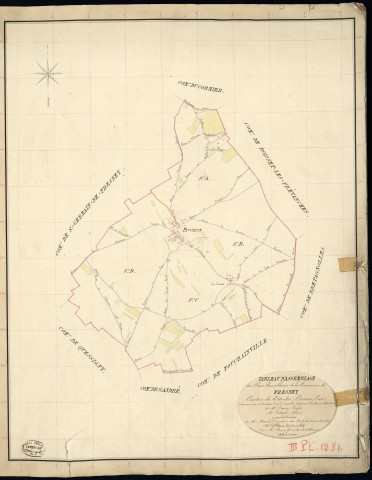 Fresney. Tableau d'assemblage _ du Plan Parcellaire de la Commune de Fresney _ Canton de Saint André - Evreux - Eure. _ Terminé sur le Terrain le 18 Decembre 1836, sous l'administration de M. Passy, Préfet _ M. Ledoux, Maire _ et sous la Direction de M. Marel, Directeur des Contributions directes _ M. Le Fébure, Géomètre en Chef. _ Par M. Canu, Géomètre de 1re classe.