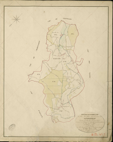 Gaudreville-la-Rivière. Tableau d'assemblage _ du Plan Parcellaire de la Commune de Gaudreville _ Canton de Conches - Evreux - Eure. _ Terminé sur le Terrain le 31 Mai 1855 , sous l'administration de M. Janvier, Préfet _ M. Pellerin, Maire _ sous la Direction de M. Masson, Directeur des Contributions directes _ M. Lefébure, Géomètre en Chef. _ Par M. Lefebure , Géomètre de 1re classe.