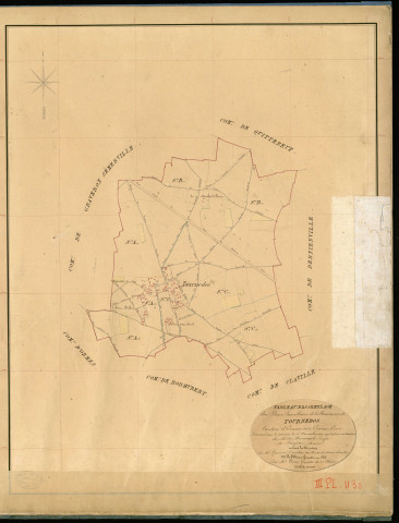 Tournedos-la-Campagne. Tableau d'assemblage _ du Plan Parcellaire de la Commune de Tournedos _ Canton de Evreux (nord) - Evreux - Eure. _ Terminé sur le Terrain le 16 Novembre 1840 , sous l'administration de M. de Monicault, Préfet _ M. Feugère, Maire _ sous la Direction de M. Garnier, Directeur des Contributions directes _ M. Le Fébure, Géomètre en Chef. _ Par M. Canu, Géomètre de 1re classe.