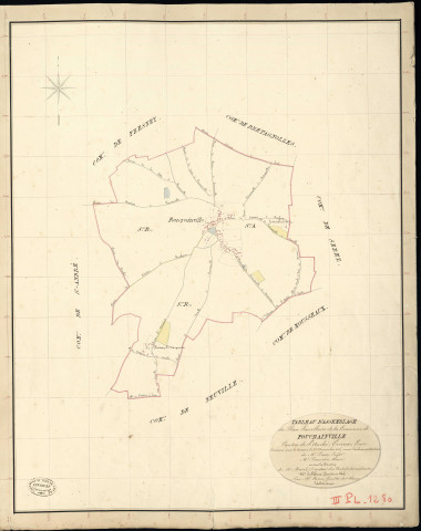 Foucrainville. Tableau d'assemblage _ du Plan Parcellaire de la Commune de Foucrainville _ Canton de Saint André - Evreux - Eure. _ Terminé sur le Terrain le 25 Novembre 1836, sous l'administration de M. Passy, Préfet _ M. Paumier, Maire _ et sous la Direction de M. Marel, Directeur des Contributions directes _ M. Le Fébure, Géomètre en Chef. _ Par M. Canu, Géomètre de 1re classe.