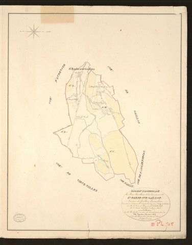 Sainte-Barbe-sur-Gaillon. Tableau d'assemblage du Plan Parcellaire de la Commune Sainte-Barbe-sur-Gaillon _ Canton de Gaillon - Louviers - Eure. _ Terminé sur le terrain le 15 septembre 1829, sous l'administration de M. Le Vicomte Raymond Delaitre, Préfet - M. le Comte Edouard Duhazey, Maire et sous la direction de M. Hurtrelle, Directeur des Contributions directes. _ M. Hautier, Géomètre en Chef. _ Par M. Charpentier, Géomètre de 1re classe