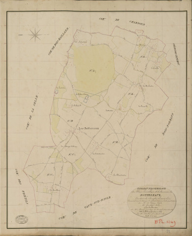 Bottereaux (Les). Tableau d'assemblage _ du Plan Parcellaire de la Commune de Bottereaux _ Canton de Rugles - Evreux - Eure. _ Terminé sur le Terrain le 29 Aout 1834, sous l'administration de M. A Passy, Préfet _ M. Gautier, Maire _ et sous la Direction de M. Marel, Directeur des Contributions directes _ M. Lefébure, Géomètre en Chef. _ Par M. Letailleur, Géomètre de 1re classe.