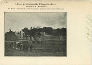 Caillouet-Orgeville. Ecole professionnelle d'Orgeville (Eure) - Animaux à l'abreuvoir - Au fond : infirmerie Saint-Charles et parc du Château d'Orgeville.