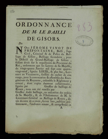 Ordonnance du bailli de Gisors pour la publication des lettres du roi du 24 janvier 1789, en exécution des ordres du roi et de l'ordonnance du lieutenant général au bailliage de Rouen.