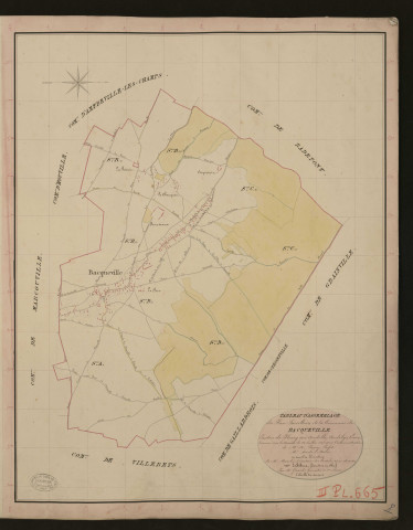 Bacqueville. Tableau d'assemblage du Plan Parcellaire de la Commune de Bacqueville. _ Canton de Fleury-sur-Andelle - Andelys - Eure. _ Terminé sur le terrain le 24 juillet 1835, sous l'administration de M. A. Passy, Préfet - M. Barbé, Maire et sous la direction de M. Marel, Directeur des Contributions directes. _ M. Le Fébure, Géomètre en Chef. _ Par M. Girard, Géomètre de 1re classe