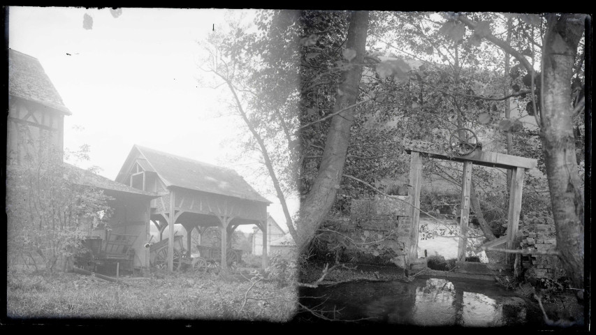 Hangar à charrette. Système de vanne d'une rivière de Rosay-sur-Lieure (Eure).