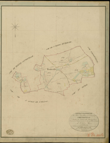 Heudreville-en-Lieuvin. Tableau d'assemblage _ du Plan Parcellaire de la Commune d'Heudreville _ Canton de Thiberville - Bernay - Eure. _ Terminé sur le Terrain le 1er Décembre 1845 , sous l'administration de M. Zedée, Préfet _ M. Le Prevost, Maire _ sous la Direction de M.Violas de Martigny, Directeur des Contributions directes _ M. Le Fébure, Géomètre en Chef. _ Par M. Buquet, Géomètre de 1re classe.