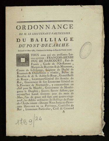 Ordonnance imprimée du lieutenant particulier du bailliage de Pont-de-l’Arche pour l'assemblée générale à Rouen.