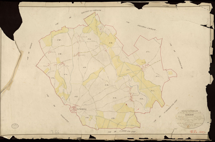 Madeleine-de-Nonancourt (La). Tableau d'assemblage _ du Plan Parcellaire de la Commune de Madeleine _ Canton de Nonancourt - Evreux - Eure. _ Terminé sur le Terrain le , sous l'administration de M. Le Vicomte Raymond Delaitre, Préfet _ M. Morise, Maire _ et sous la Direction de M. Marel, Directeur des Contributions directes _ M. Hautier, Géomètre en Chef. _ Par M. Girard, Géomètre de 1re classe.
