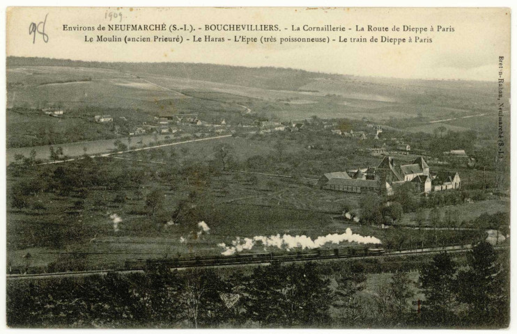 Bouchevilliers. La Cornaillerie-La Route de Dieppe à Paris-Le Moulin (ancien Prieuré)-Le Haras-L'Epte (très poissonneuse)-Le train de Dieppe à Paris.