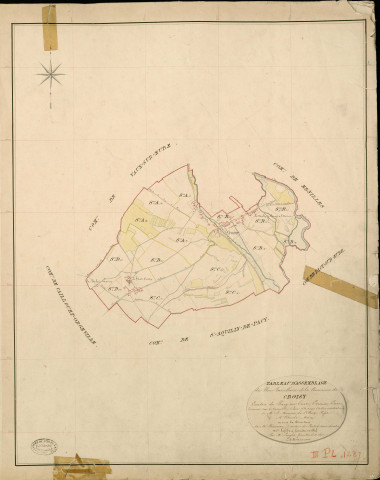 Croisy-sur-Eure. Tableau d'assemblage _ du Plan Parcellaire de la Commune de Croisy _ Canton de Pacy sur Eure - Evreux - Eure. _ Terminé sur le Terrain le 2 Juin 1853, sous l'administration de M. Le Marquis de Ste Croix, Préfet _ M. Colombe, Maire _ et sous la Direction de M. Chauveau, Directeur des Contributions directes _ M. Lefébure, Géomètre en Chef. _ Par M. Lenglet, Géomètre de 1re classe.