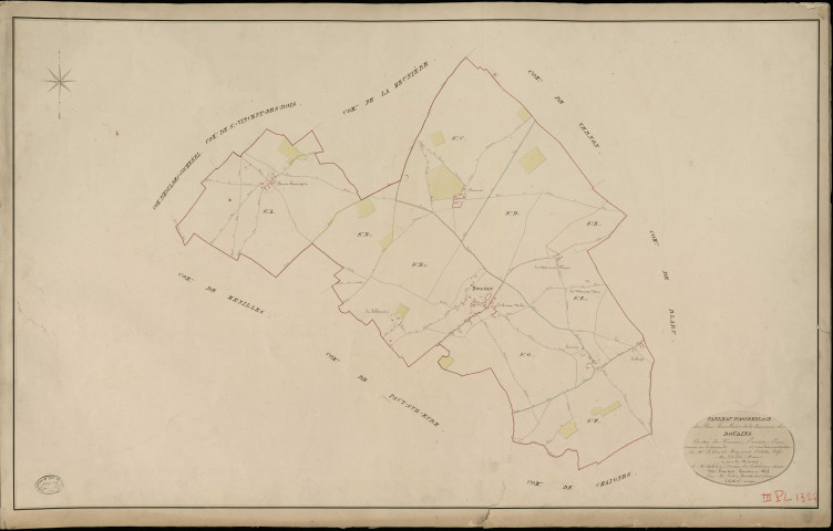 Douains. Tableau d'assemblage _ du Plan Parcellaire de la Commune de Douains _ Canton de Vernon - Evreux - Eure. _ Terminé sur le Terrain en 1825, sous l'administration de M. Le Vicomte Raymond Delaitre, Préfet _ M. Ducôté, Maire _ et sous la Direction de M. Aubelin, Directeur des Contributions directes _ M. Hautier, Géomètre en Chef. _ Par M. Folin, Géomètre de 1re classe.
