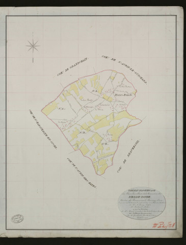 Pierre-Ronde. Tableau d'assemblage _ du Plan Parcellaire de la Commune de Pierre-Ronde. _ Canton de Beaumesnil - Bernay - Eure. _ Terminé sur le terrain le 27 avril 1833 sous l'administration de M. A. Passy, Préfet _ M.Buherel maire _ en sous la Direction de M. Marel, Directeur des Contributions directes. _ M. Le Fébure, Géomètre Chef. _ Par M. Gondevin, Géomètre de 1re classe.