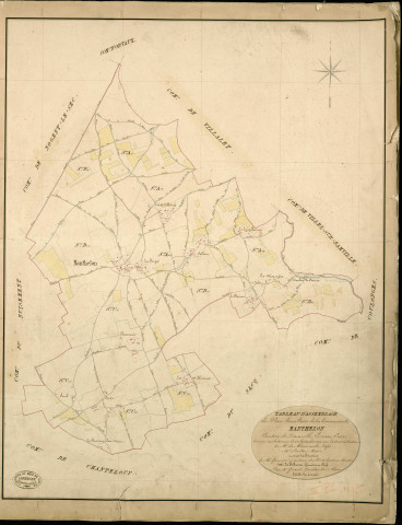 Manthelon. Tableau d'assemblage _ du Plan Parcellaire de la Commune de Manthelon _ Canton de Damville - Evreux - Eure. _ Terminé sur le Terrain le 24 Septembre 1839 , sous l'administration de M. de Monicault, Préfet _ M. Levitre, Maire _ sous la Direction de M. Garnier, Directeur des Contributions directes _ M. Le Fébure, Géomètre en Chef. _ Par M. Gérard, Géomètre de 1re classe.